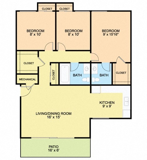 Floor plan for 3 beds, 1.5 baths, 762 sqft